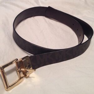 Michael Kors Brown Monogram Leather Belt with Gold Buckle